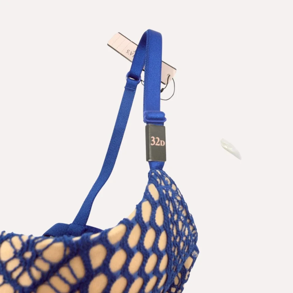 Victoria's Secret Very Sexy Plunge Bra 32D Blue NWT Honeycomb‎ Lace Underwire